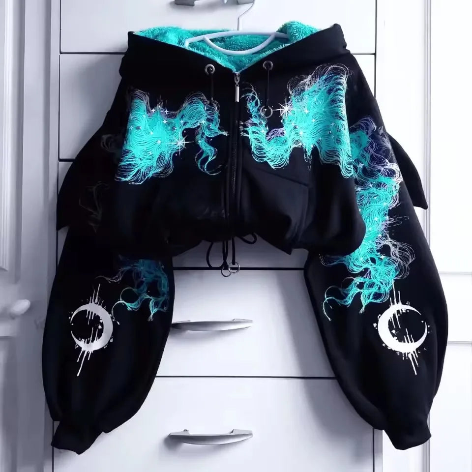 Goth Fashion Hoodie Women Y2K Oversized Graphic Print Dark Aesthetic Punk Harajuku Casual Sweatshirt Fashion Long Sleeved Jacket