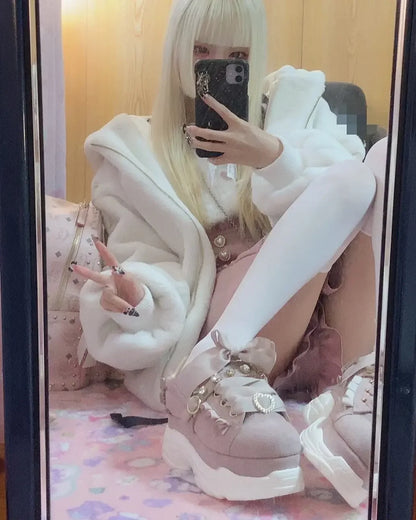 High Quality Japanese Winter New Sweet Cute Mine Cute Rabbit Ear Plush Cotton Coat Jacket Girl Lolita Fur Coats Women Parkas