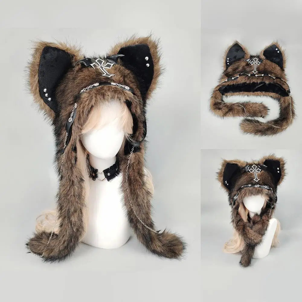 Winter Plush Beanie Hats Punk Wolf Furry Ear Protection Outdoor Windproof Caps Couples Headwear Gothic Dark Fursuit Cosplay Prop