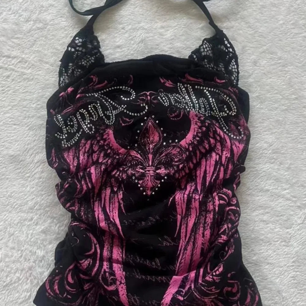 Women's Y2K Rose-Print Halter Crop Top