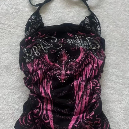 Women's Y2K Rose-Print Halter Crop Top