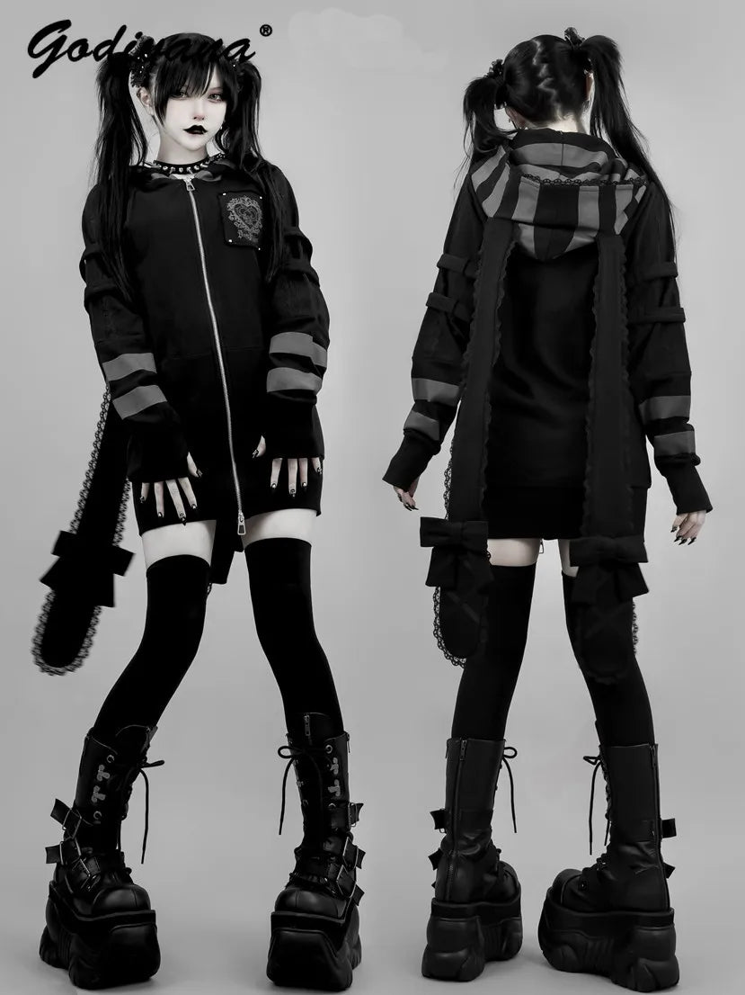 Japanese Harajuku Style Bow Sweet Cool Long-Ear Hooded Lace Trim Color-Block Zipper Long Cardigan Coat Gothic Hoodie Jacket