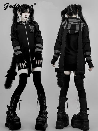 Japanese Harajuku Style Bow Sweet Cool Long-Ear Hooded Lace Trim Color-Block Zipper Long Cardigan Coat Gothic Hoodie Jacket