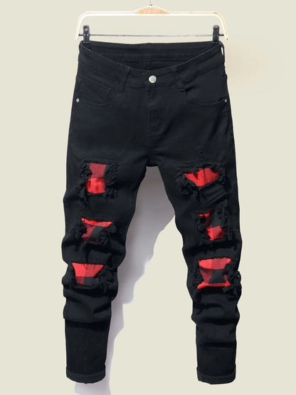 Streetwear Fashion Jeans For Men Retro Black Elastic Slim Fit Ripped Jeans Men Spliced Designer Hip Hop Denim Pants trousers
