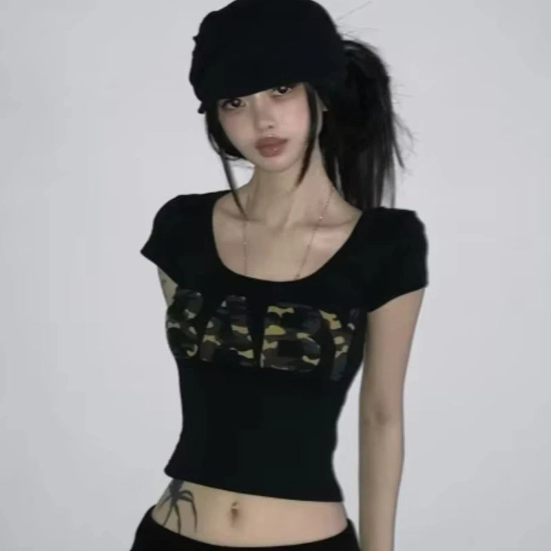 Y2k Aesthetic Camouflage Letter Pattern Printing Slim Design Round Neck Top Summer Retro Sexy Spice Slim Girl Top Street Wear