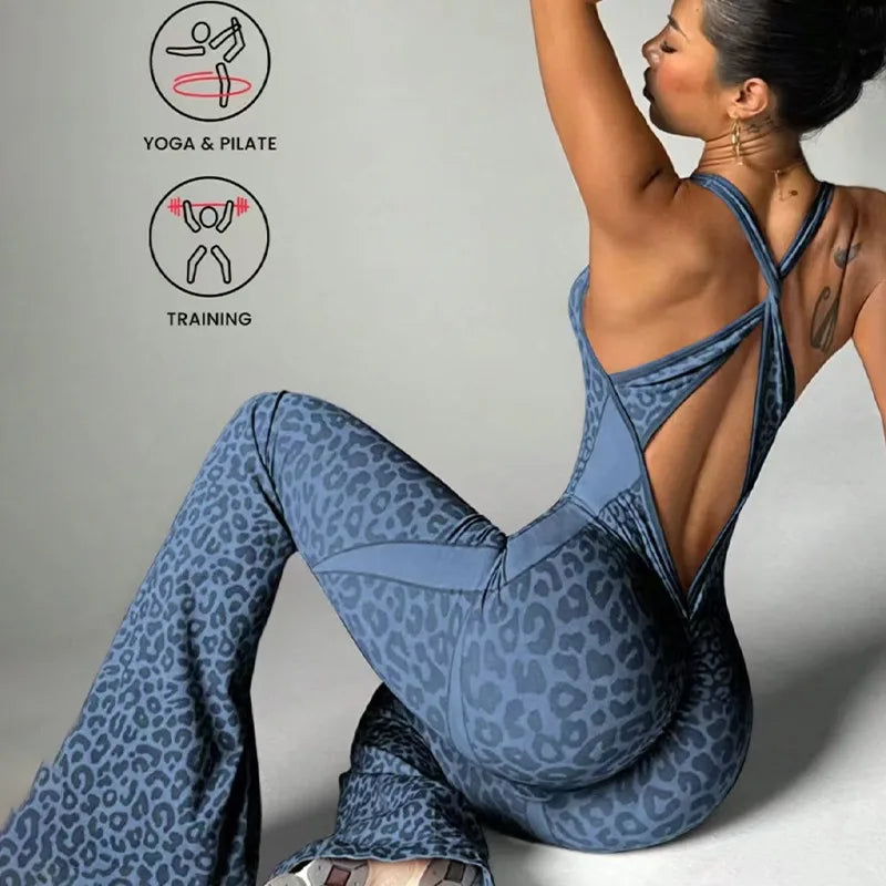 Women's Leopard Print Cross-Back Yoga Jumpsuit