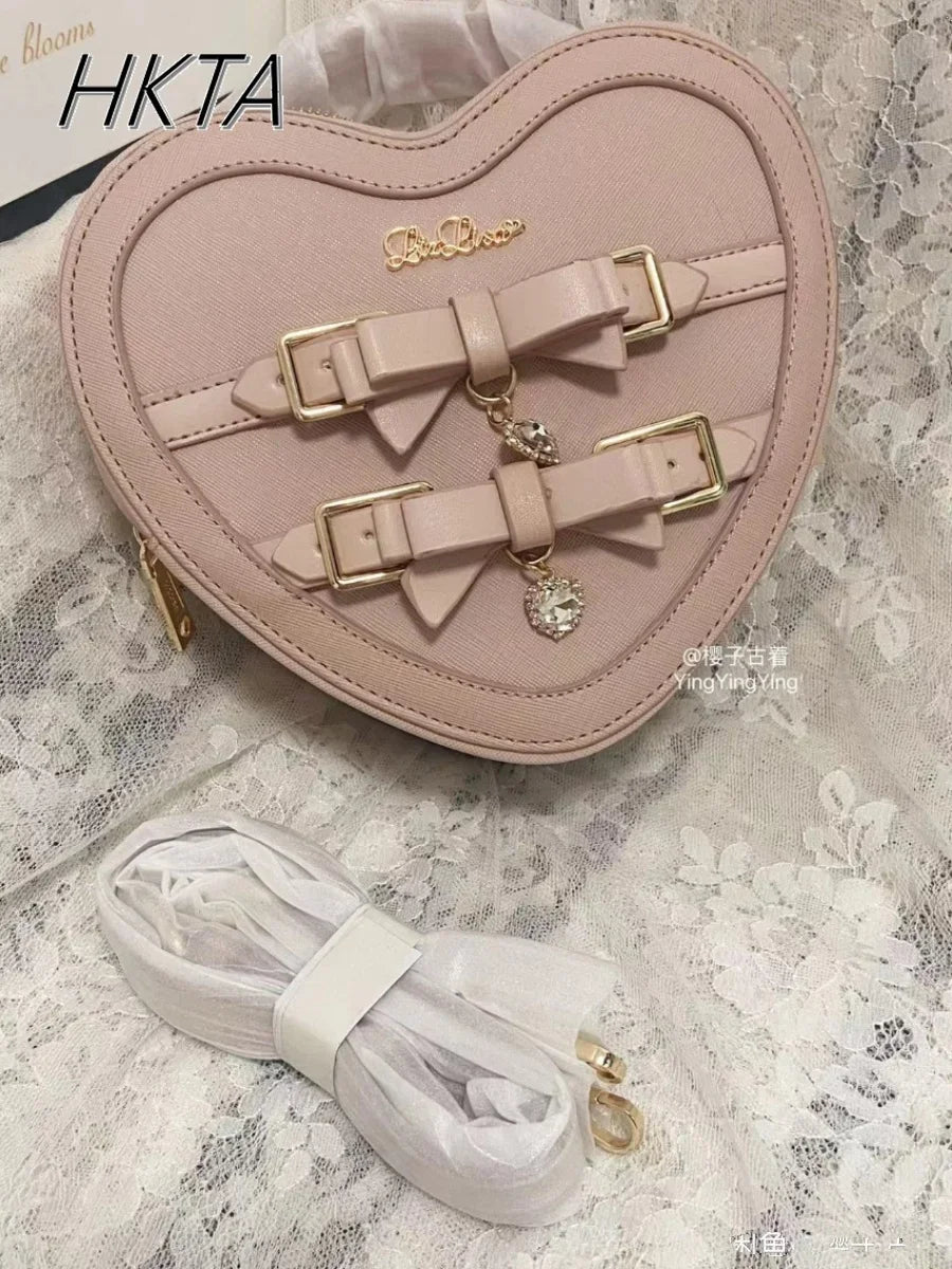 Japanese Style Liz Bag Mine Lolita Love Rhinestone Bow Crossbody Handbag Women Girls Sweet Heart Shaped Pink Pu Shoulder Bag