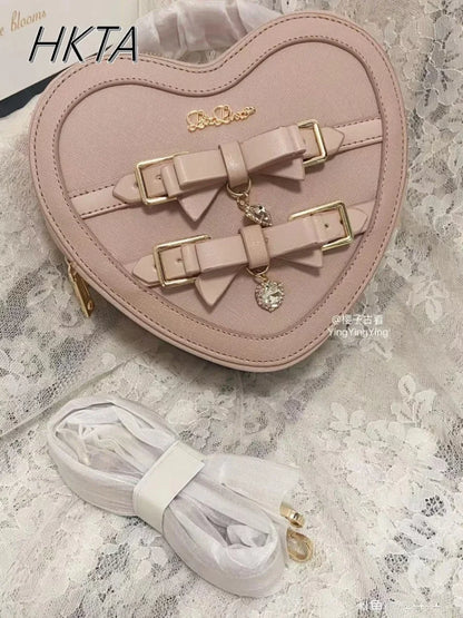Japanese Style Liz Bag Mine Lolita Love Rhinestone Bow Crossbody Handbag Women Girls Sweet Heart Shaped Pink Pu Shoulder Bag