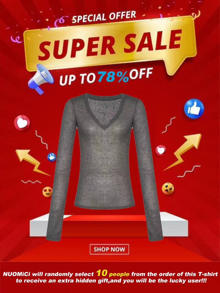Women's Sheer V-Neck Long-Sleeve Top