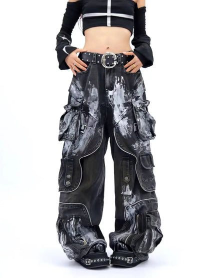 American Oversized Retro Pocket Folding Jeans For Men And Women Washed Tie Dye Heavy Industry Gothic Hip-Hop Zipper Loose Jeans