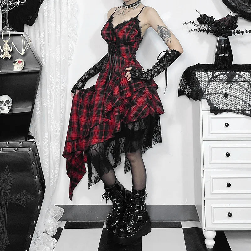 Women's Plaid Lace Spaghetti-Strap Midi Dress