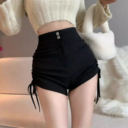 XS-5XL Shorts Women Black Wide-leg High Waist Shirring Lace-up All-match Streetwear Korean Fashion Summer Female Casual Y2k Chic