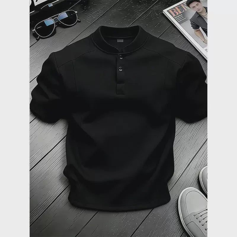 White Henry Collar  Shirt Men's Summer Splice Design Short Sleeve Cleanfit Heavyweight Half Sleeve Business Casual T-Shirt