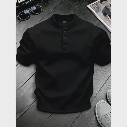 White Henry Collar  Shirt Men's Summer Splice Design Short Sleeve Cleanfit Heavyweight Half Sleeve Business Casual T-Shirt
