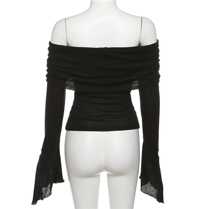 Y2k Aesthetic Simple Fashion Women's Tee Shirts Slash Neck Long Sleeve Solid Casual T-Shirts Vintage Off Shoulder Trendy Tshirts