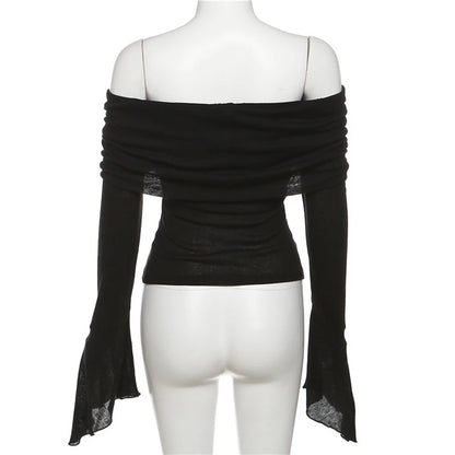 Y2k Aesthetic Simple Fashion Women's Tee Shirts Slash Neck Long Sleeve Solid Casual T-Shirts Vintage Off Shoulder Trendy Tshirts