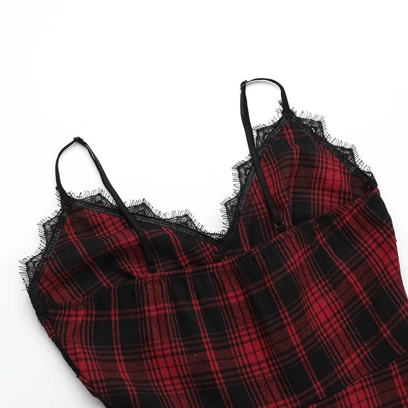 Women's Plaid Lace Spaghetti-Strap Midi Dress