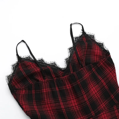 Women's Plaid Lace Spaghetti-Strap Midi Dress