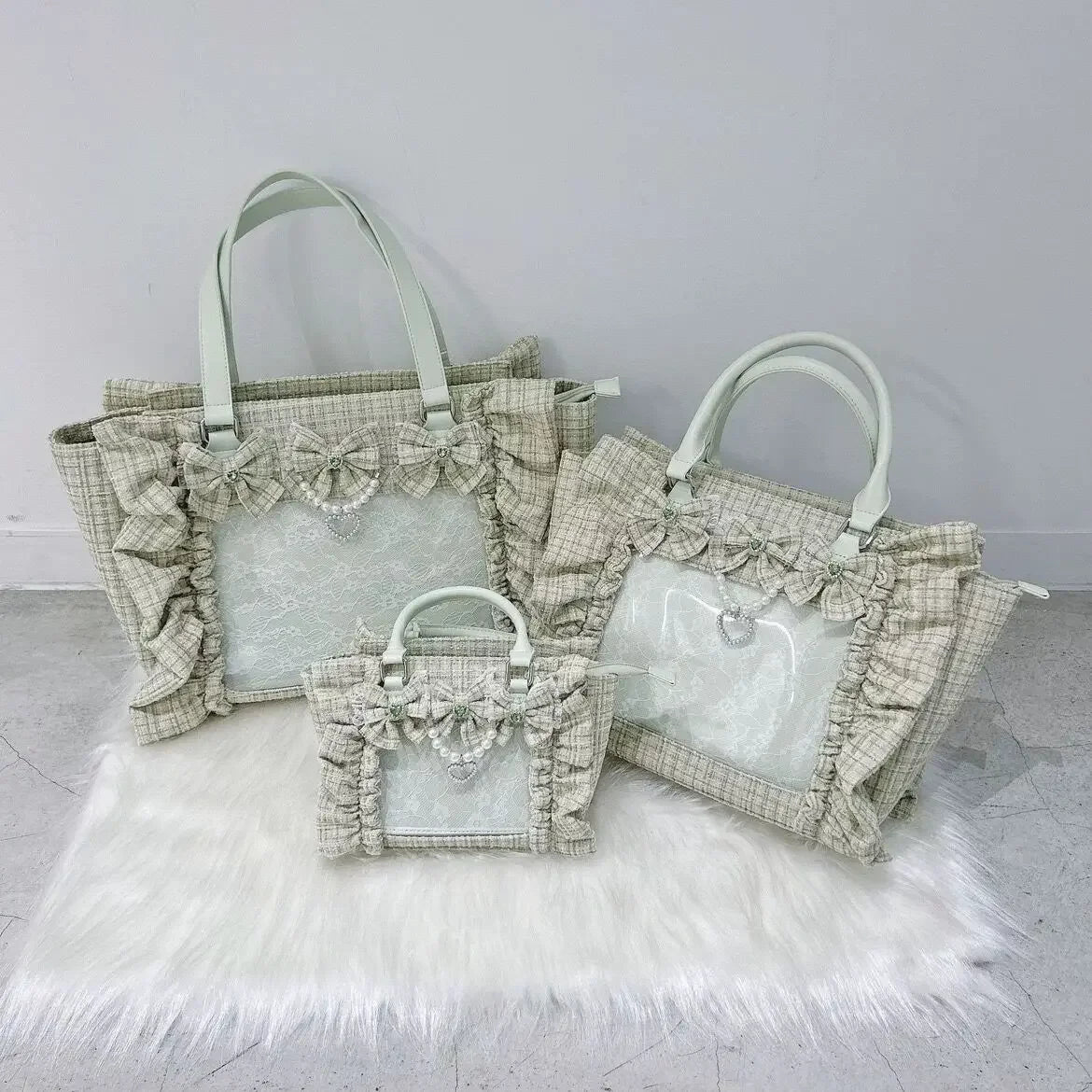 Japanese Style Mine Bags Women Ruffled Lace Lolita Girls Rhienstone Pearl Bowknot Square Tote Shoulder Portable Bolso Handbags