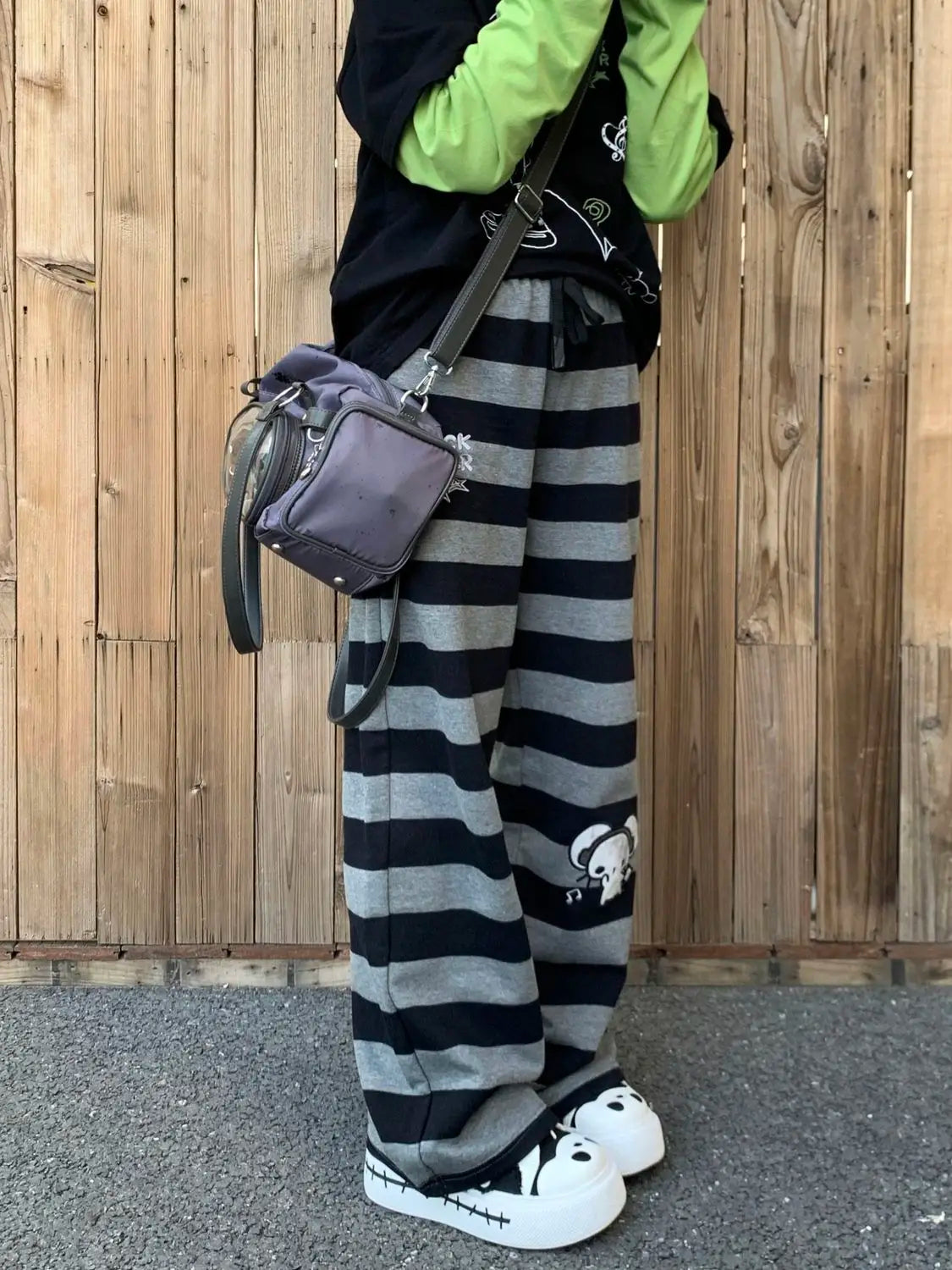 Kimotimo Punk Anime Printed Striped Pants Women Harajuku Y2k Straight Casual Long Trousers 2025 Autumn Vintage Gothic Streetwear