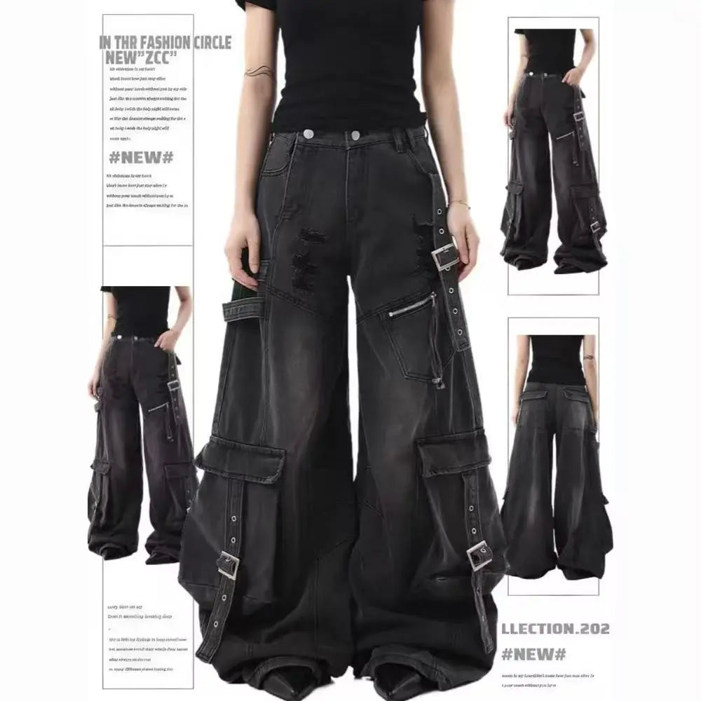 American Gothic Heavy-Industry Multi-Pocket Ripped Black Jeans Retro Fashion Men and Women Loose Wide Legs Casual Pants