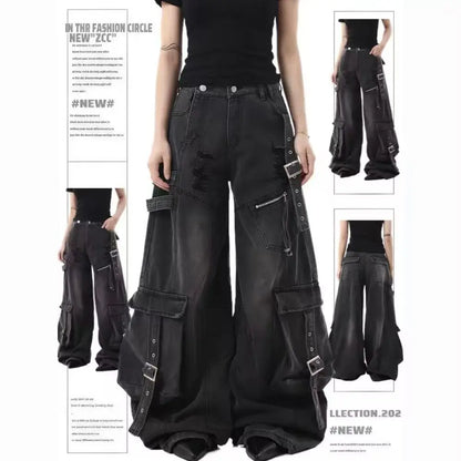 American Gothic Heavy-Industry Multi-Pocket Ripped Black Jeans Retro Fashion Men and Women Loose Wide Legs Casual Pants