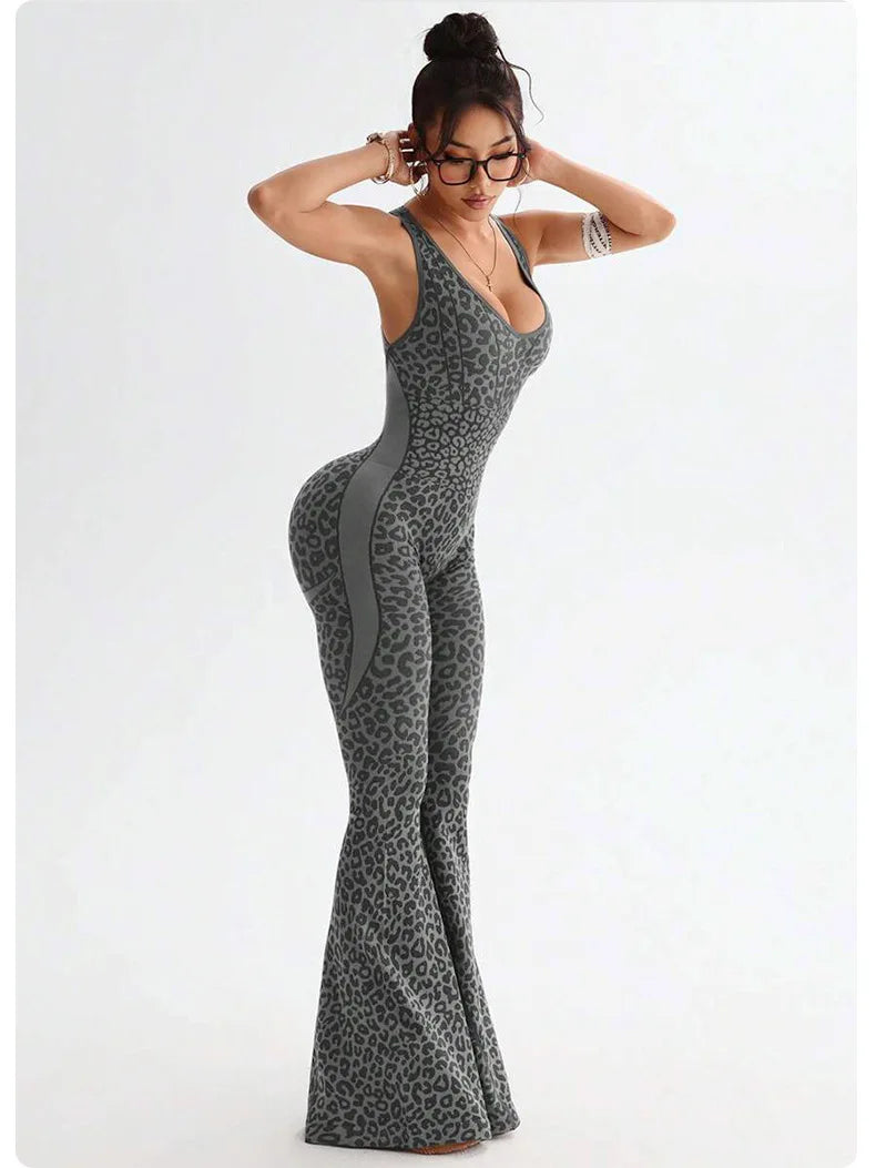 Women's Leopard Print Cross-Back Yoga Jumpsuit