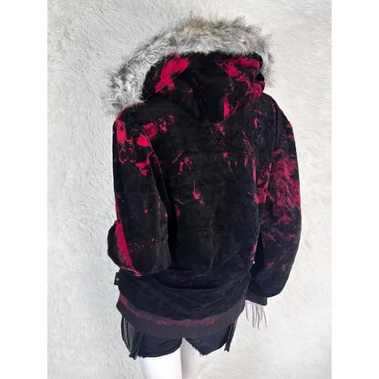 New Gothic geometric print red gradient zipper hoodie women fashion high street fur collar loose sweatshirt for men and women
