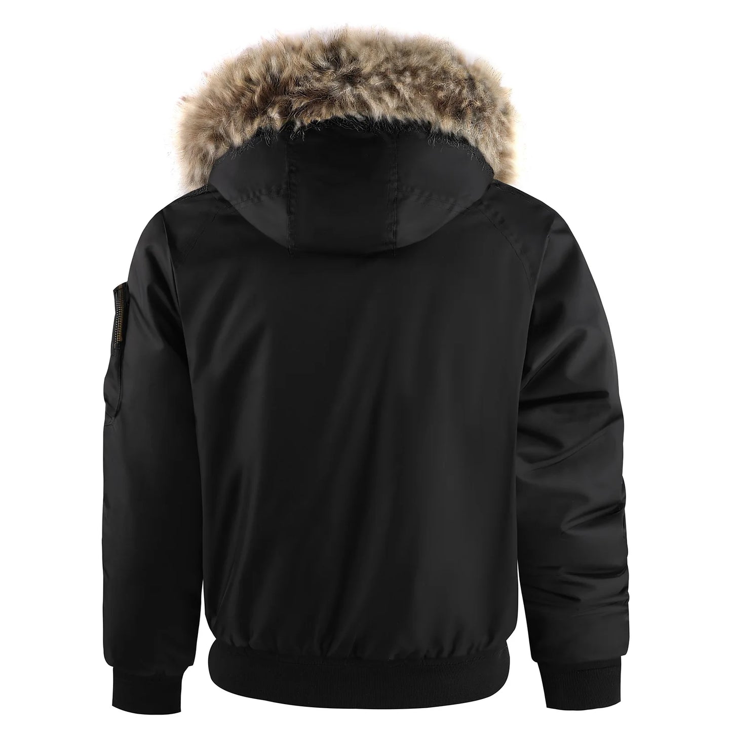 Men's Winter Warm, Hooded Jacket with Raw Edge, Lined Aviator Jacket, Embroidered Badge Design, Windproof and Waterproof Jacket