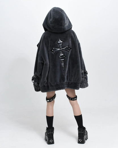 Lautaro Autumn Winter Thick Warm Faux Fur Coat Women with Hood Zipper Luxury Japanese Style Punk Harajuku Fluffy Jacket 2026
