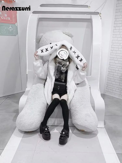 Women's White Faux Fur Bunny-Ear Coat