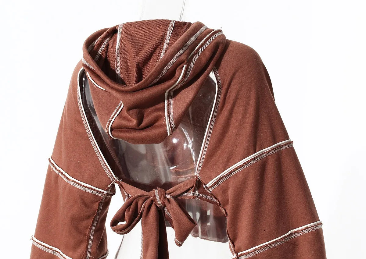 Women Hooded Sweatshirt Color Clashing Bright Line Short Top Ladies Fashion Layering Hoodie Long Sleeved Tops Hiphop Style