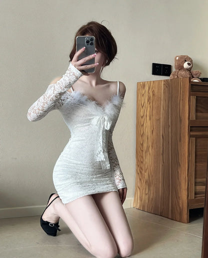Women's Lace Bodice Long-Sleeve Mini Dress