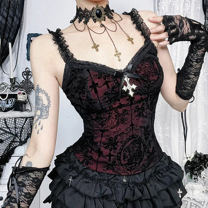 Mall Gothic Spaghetti Strap Tanks Top Hot Sexy V-neck Lace Patchwork Camisole Basic Slim Vests Summer Techwear Women