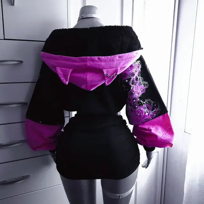 New Purple Cropped Hoodie Women Butterfly Graphic Print kawaii Cat Ear Zip Up Drawstring Waist Y2K Gothic Streetwear Sweatshirt