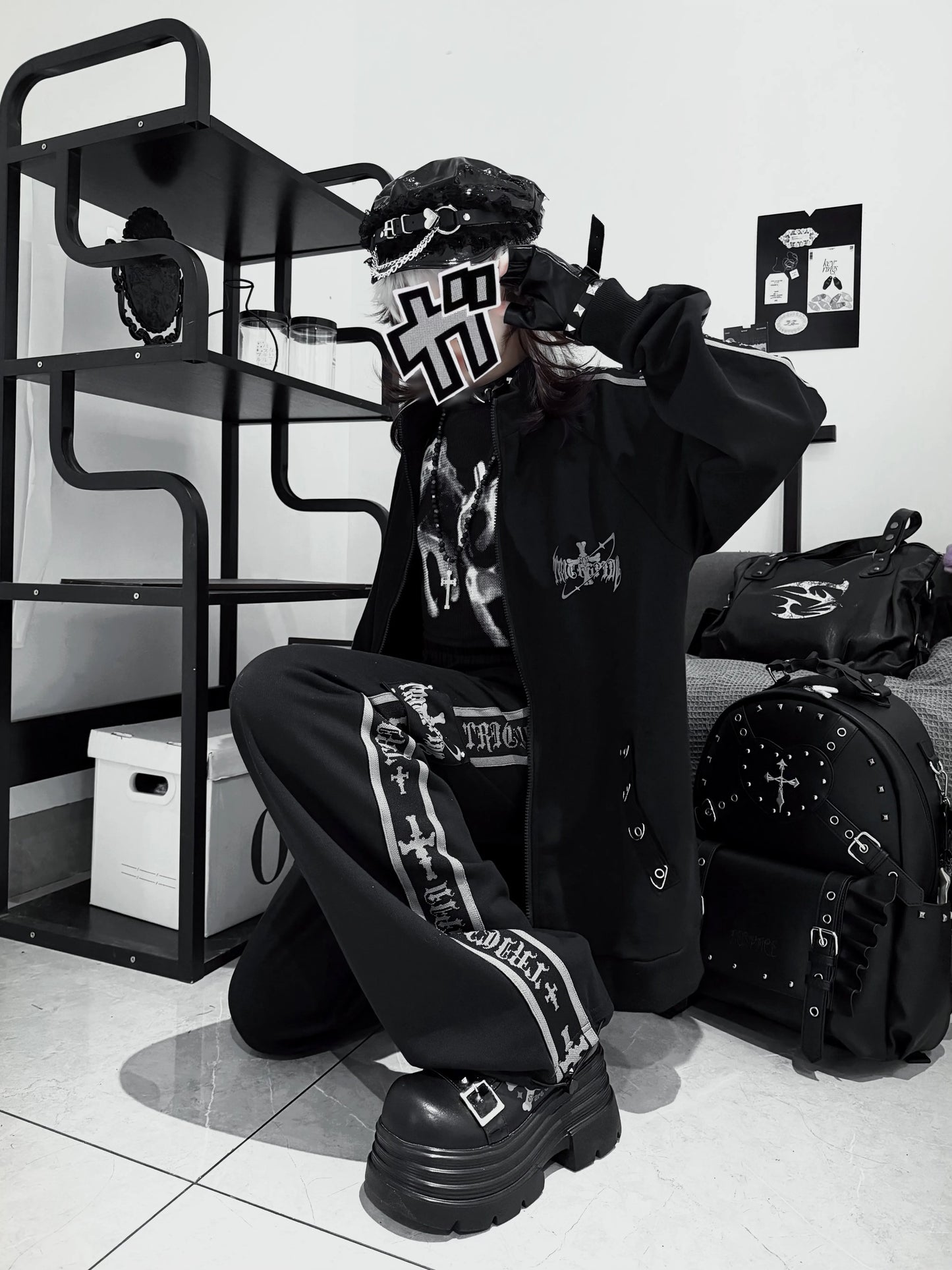 Original Printed Subculture Dark Loose Tracksuit Top and Pants Set Women's Outfits Oversized Stand Collar Zipper Sweatshirts