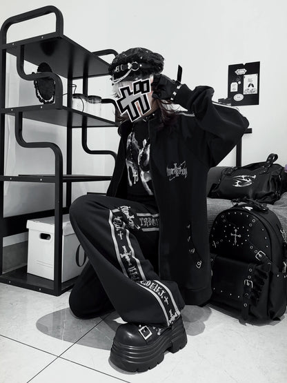 Original Printed Subculture Dark Loose Tracksuit Top and Pants Set Women's Outfits Oversized Stand Collar Zipper Sweatshirts