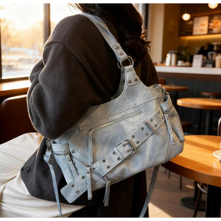 Fashionable Large Capacity Rivet Street Style Women's Tote Bag Shoulder Crossbody Bag Durable Polyester  Commuter Bag