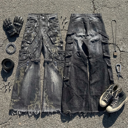 Ripped Baggy Jeans Cotton Patch Dyed Skull Pattern Y2k Mens Jeans Goth Punk Wide Leg Casual Pants Hip Hop Trousers Men Clothing