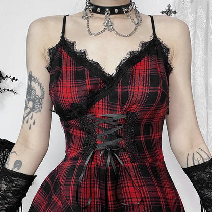 Women's Plaid Lace Spaghetti-Strap Midi Dress