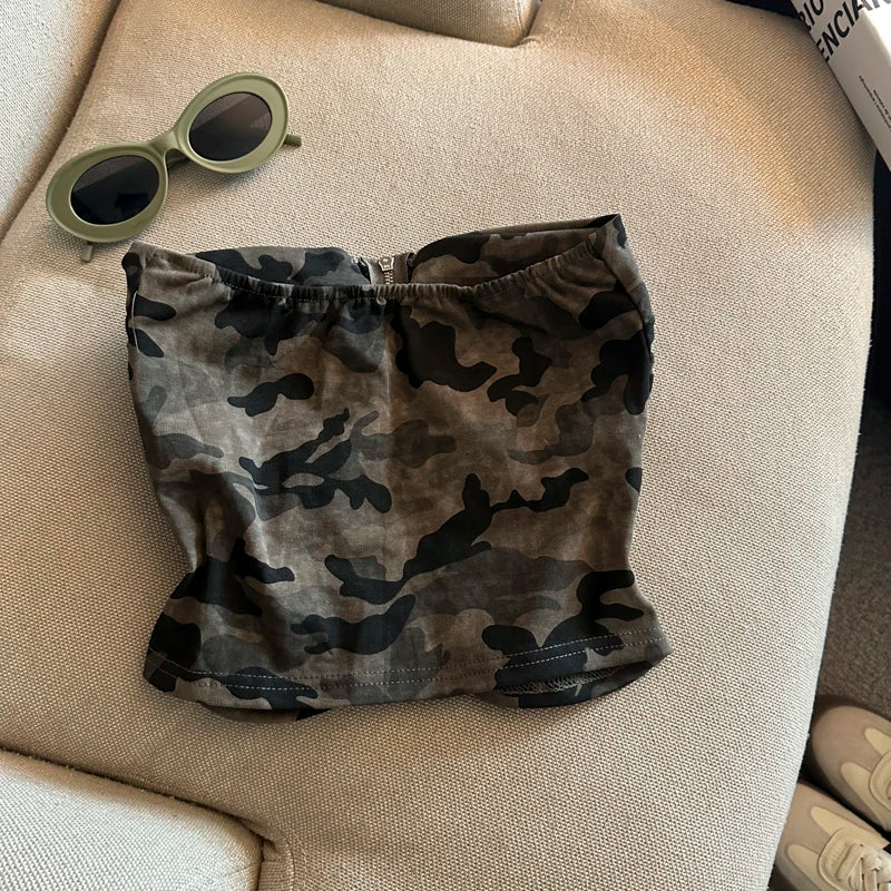 Sexy American Girl Camouflage Print Tube Top Vest Women's Summer Zipper Open Cardigan Shoulder Bared Short Style Top