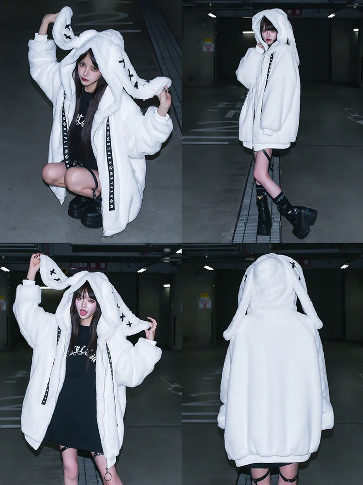 Women's White Faux Fur Bunny-Ear Coat