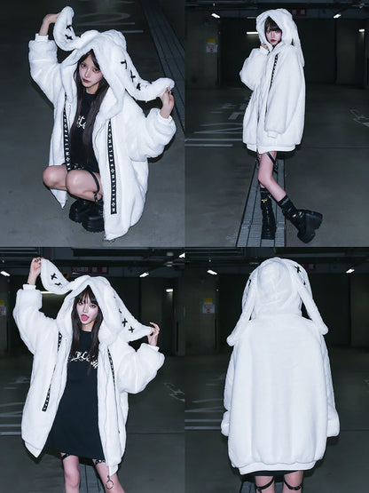 Women's White Faux Fur Bunny-Ear Coat