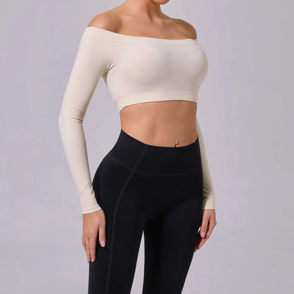 Fashion Long Sleeve Slash Neck Sports Top Women Crop Top for Fitness Yoga Wear Fashion Sports Short T-shirt Gym Workout Shirt