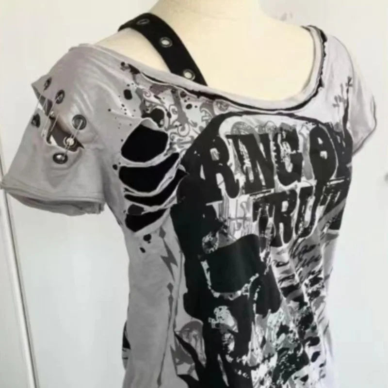 Gothic T Shirts Short sleeve Skulls Casual Punk Hip Hop Street hottie Femme Tshirt Graphic Tees Vintage Clothes 2000s Womens Top