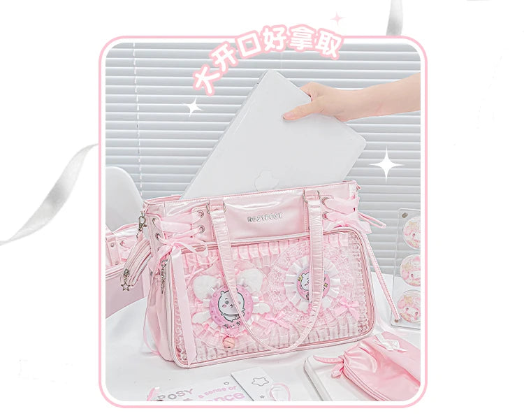 Japanese New Girls Silver Shoulder Bag Large Capacity Ribbon Itabag Student Women's Satin Messenger Bag Leather Backpacks