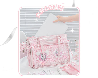 Japanese New Girls Silver Shoulder Bag Large Capacity Ribbon Itabag Student Women's Satin Messenger Bag Leather Backpacks