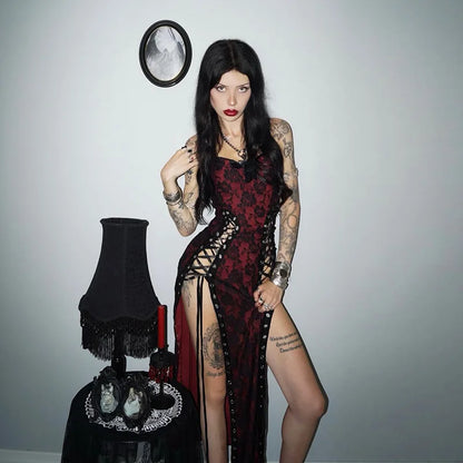 Women's Red Gothic Hollow-Out Strap Dress
