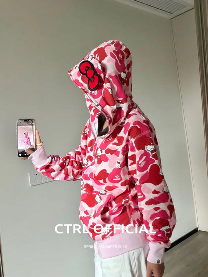 In  Stock  Anime Hello Kittys Hooded Jacket Girl Commuting Coat Jacket Kuromi Anime 3d Ears Hooded Cute Leopard Print Clothes