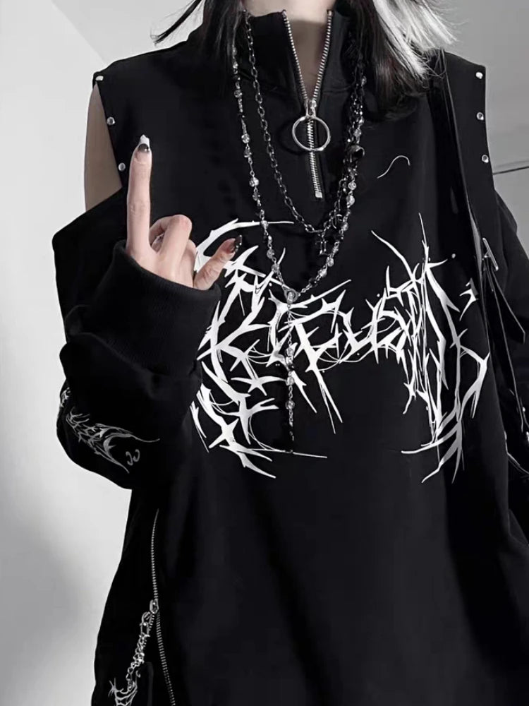 Vintage Black Printing Punk T-Shirt Women Harajuku Off Shoulder Grunge Tops Vintage Oversized Y2k Aesthetic Zipper Tees 2026